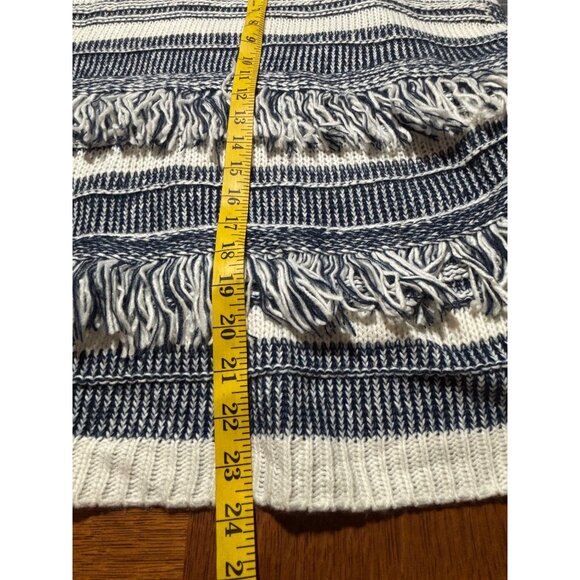Striped Fringe Women Cowl Neck Poncho Navy Cream OS Cottagecore Quiet Luxury - Picture 10 of 11